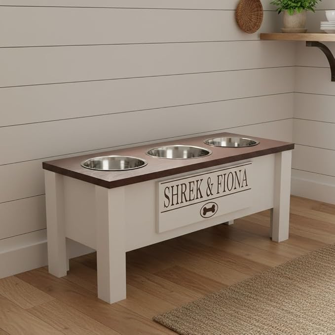 GTW Personalized Elevated Triple Dog Bowl Stand for Large, Medium, Small, X-Small Dogs - 3 Stainless Steel Food and Water Bowls - Raised Dog Dish with Internal Storage (Large, Brown)