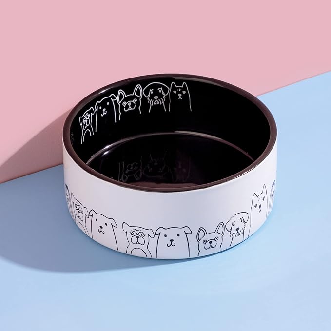 Fun Elements Ceramic Dog Bowls - Large, Non-Slip, 64 Fl Oz, Black with Adorable Dog Patterns (Large, Black)