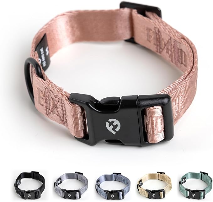 2026 New Edition, Fei & Eve Classic Dog Collar - Quick Release Metal Buckles | Fur-Safe | Premium 210D Nylon | 450LB Escape-Proof | Adjustable Fit | Medium (Blush)