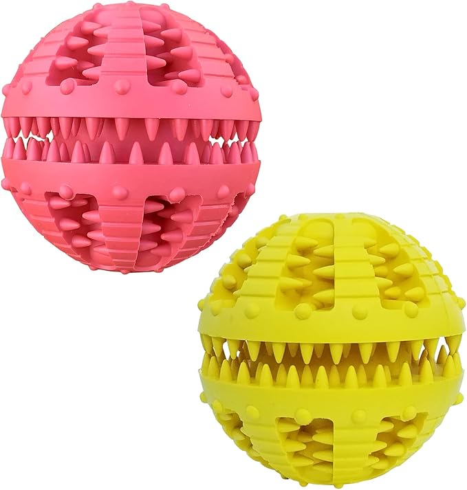 2 Pcs Dog Toy Teeth Ball,Dog Puzzle Toy,Treat Dispensing Dog Toys,Non Toxic Tear Resistant Natural Rubber Toy Ball for Pet Teeth Cleaning/Chewing/Playing/Training (Yellow+Red, 3.15in)