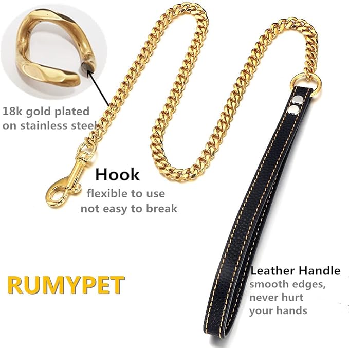 18K Gold Dog Chain Leash 11MM Solid Chew Proof 316L Stainless Steel Cuban Link Chain with Smooth Leather Handle Beautiful Leash for Walking Training 3FT/4FT/5FT(11mm,4ft)…
