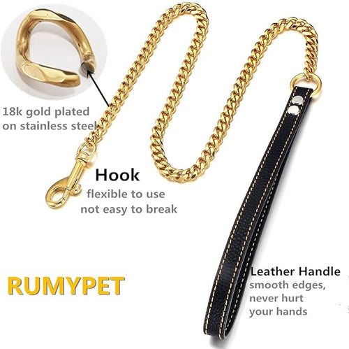 18K Gold Dog Chain Leash 11MM Solid Chew Proof 316L Stainless Steel Cuban Link Chain with Smooth Leather Handle Beautiful Leash for Walking Training 3FT/4FT/5FT(11mm,5ft)…