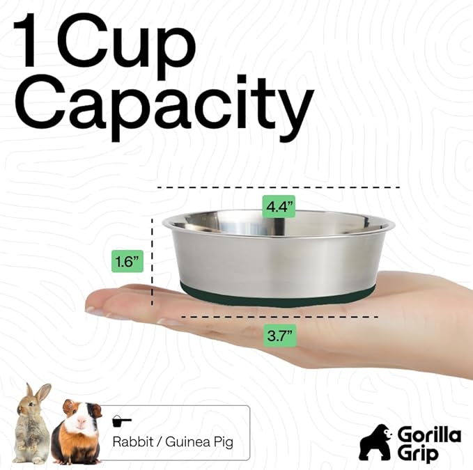GORILLA GRIP Dog Bowls, Holds 1 Cup Each (8 fl oz), Heavy Duty Stainless Steel Food and Water Bowl for Feeding Dogs and Cats, Dishwasher Safe, Rust Resistant Metal BPA Free Rubber Base, Set of 2 Green