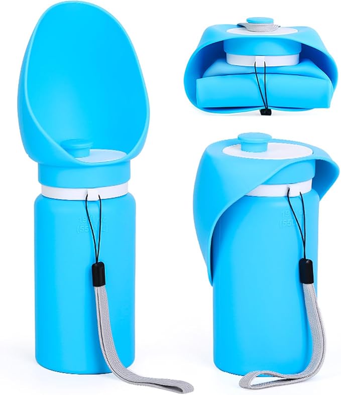 Portable Dog Water Bottle, 2-in-1 Leak Proof & Collapsible Silicone Pet Dispenser with Built-in Bowl, Food Grade Travel Cup for Walking, Hiking (19oz/550ml, Blue)