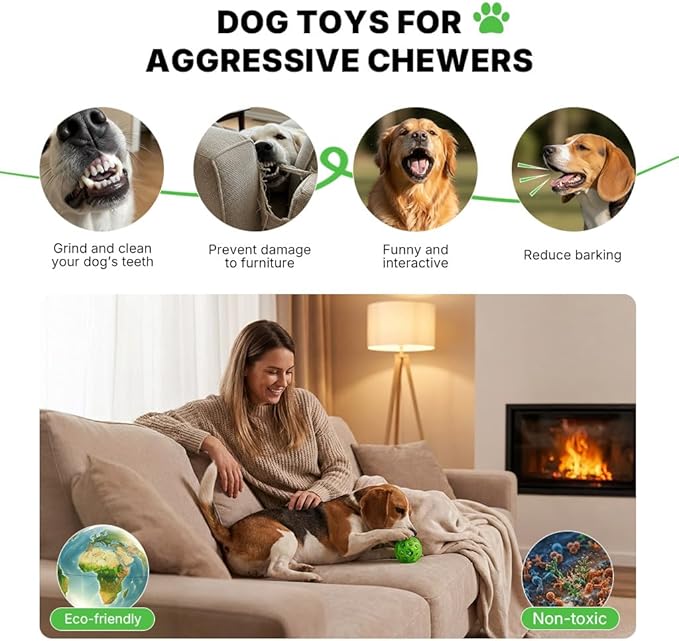 Dog Ball Toy with Built-in Rope Ball- Dog Chew Fetch Toy for Relieving Anxiety, Cleans Teeth, Interactive Chew Toy for Large Medium Breeds, Green