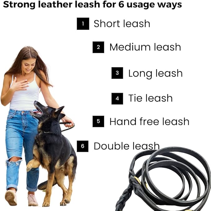 8 FT Multi-Function Leather Dog Leash, Genuine Leather Hands-Free Training Lead for Small Medium Large Dogs, Adjustable Long Leash for Walking, Hiking, Obedience Control (Black, 8 Ft)