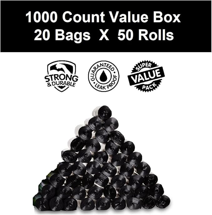 EZ 1000 Pet Waste Bags Disposal, with Dispenser, Dog Poop Pick Up Bag, Black Color, Large Size 9"x12"
