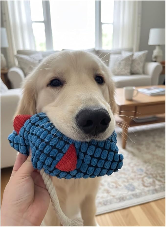 Durable Blue Fish Plush Dog Chew Toys with Squeaker – Tough Stuffed Ocean Animal with Natural and Safe Cotton Fill for Teething Puppies, Small, and Medium Breeds