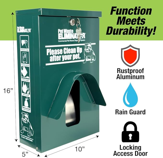 Dog Waste Bag Dispenser - Works with Header & Roll Bags - Outdoor Rustproof Aluminum with Lock & Rainguard - Ideal for HOAs, Apartments, Businesses, Parks (Green)