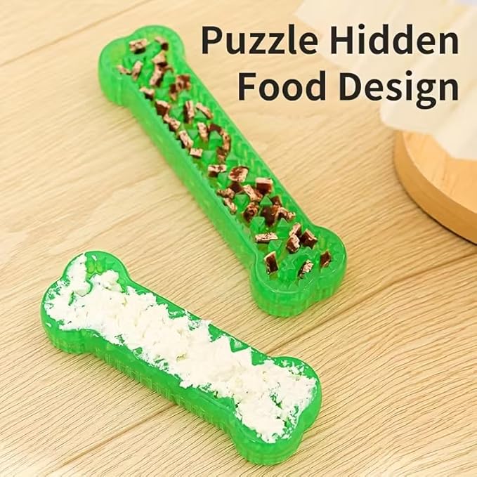 Interactive Dog Bone Toy, Green TPR Rubber, 6.3 Inch Dental Chew with Hidden Treat Compartment, Puzzle Food Dispenser for Small and Large Dogs (Green, Large)