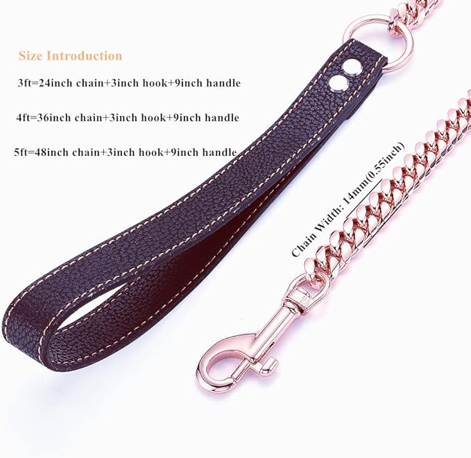 Rose Gold Dog Chain Leash 10MM 14MM Curb Cuban Link Chain Dog Leash Strong Chew Proof Stainless Steel Leash 3FT/4FT/5FT for Small Medium Large Dogs(14mm,3ft)…