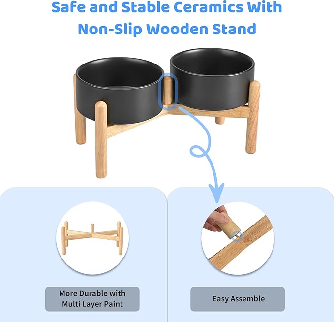 SPUNKYJUNKY Ceramics Raised Dog Bowls with Wooden Stand - Elevated Dog Feeding Set (Double 28.7OZ, Black)