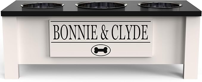 GTW Personalized Elevated Triple Dog Bowl Stand for Large, Medium, Small, X-Small Dogs - 3 Stainless Steel Food and Water Bowls - Raised Dog Dish Internal Storage (Medium, Black)