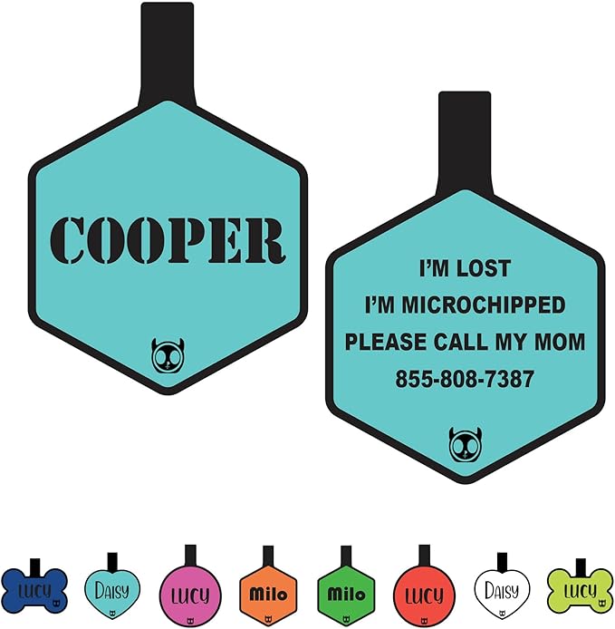 Silicone Silent Dog Tag Personalized with 5 Lines of Custom Deep Engraved Durable Soundless Pet ID Name Tag Hexagon Tiffany