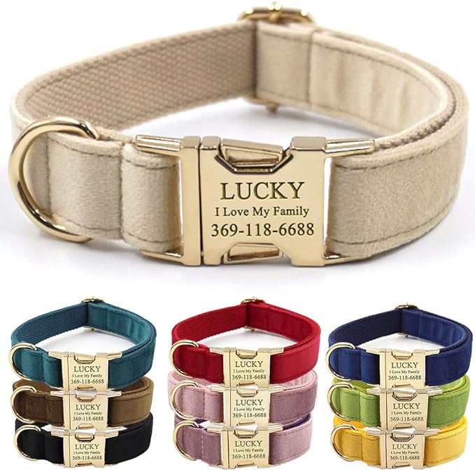 PETDURO Custom Dog Collar Personalized with Name Engraved Quick Release Rose Gold Metal Buckle for Large Medium Small Girl Dogs - Dog Leash and Bow Tie Available - Soft Comfy Velvet (Pale Brown, S)