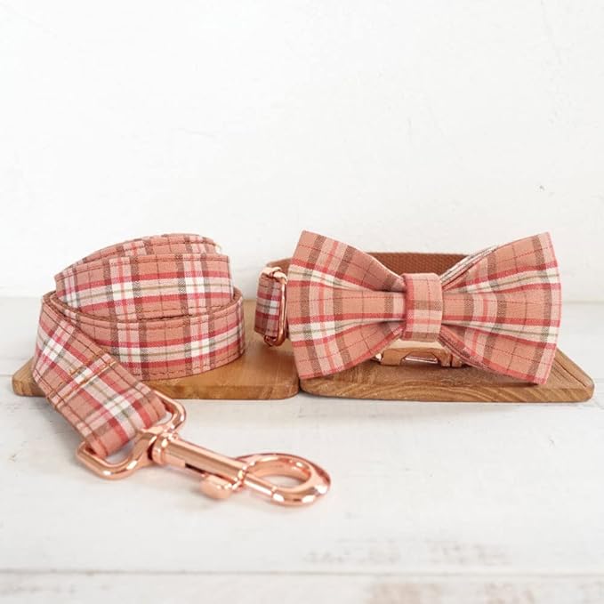 PETDURO Personalized Plaid Dog Collar Orange - Engraved Name and Phone Number on Rose Gold Metal Buckle - Custom for Small Medium Large Boy Girl Dogs - Add Leash Bow Tie via Customize Now