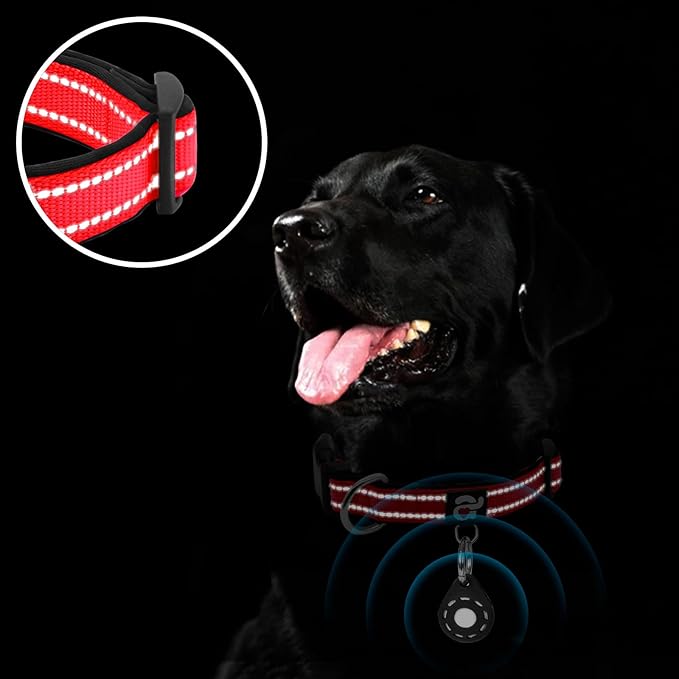 azuza Reflective Dog Collar with Airtag Holder, Soft Neoprene Padded Pet Collar with ID Tag Ring, Adjustable for Medium Dogs,Red,M