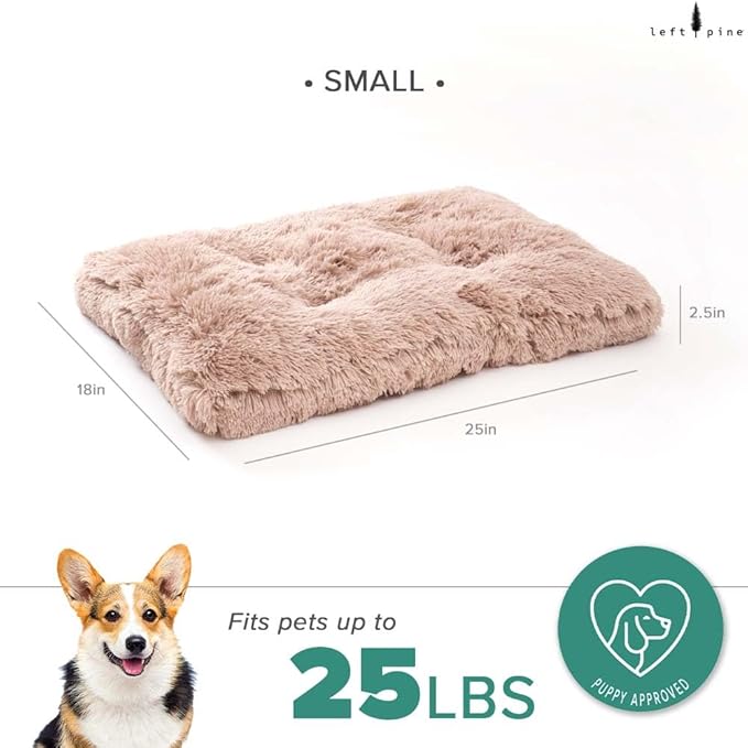 Gusseted Essential Dog Mat, Plush Pet Bed - Deluxe Sleeping Mat for Puppies & Small Dogs - Fluffy, Recycled Fiber Filling, Machine Washable, Fits in Crate (Shaggy Tan, Small)