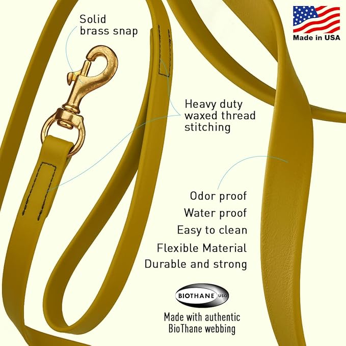 Viper Biothane K9 Working Dog Leash Waterproof Lead for Tracking Training Schutzhund Odor-Proof Long Line with Solid Brass Snap for Puppy Medium and Large Dogs 4ft, Treasure Gold