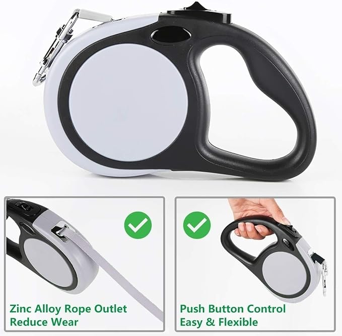 Dual Retractable Dog Leash for Walking 2 Small Dogs(Up to 44 Lbs Each) - Double Headed 16ft Extendable Pet Leash with Poop Bags, Non Slip Grip, One Button Control, 360 Tangle-Free (Gray, Medium)