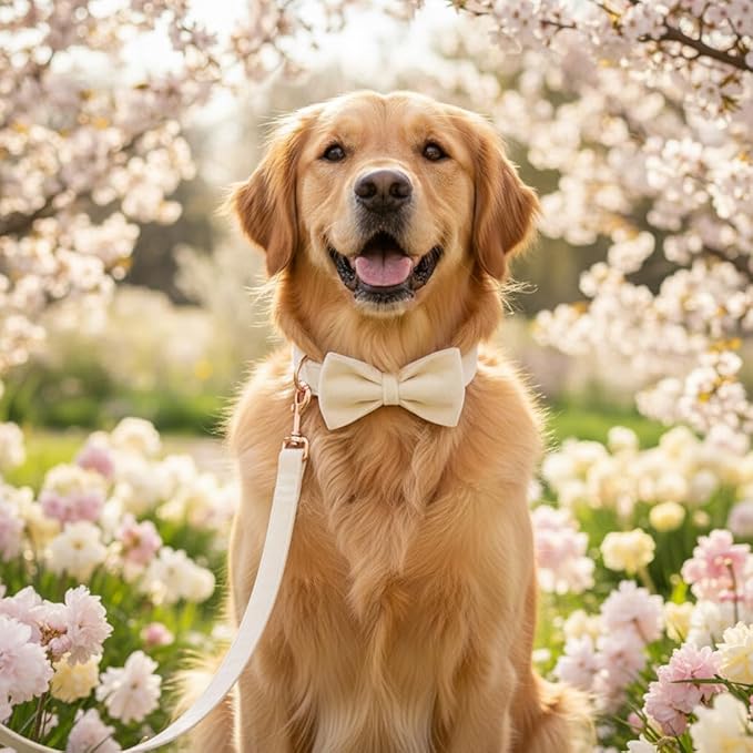 PETDURO Custom Dog Collar Personalized with Name Engraved Quick Release Rose Gold Metal Buckle for Large Medium Small Girl Dogs - Dog Leash and Bow Tie Available - Soft Comfy Velvet (Cream, XS)
