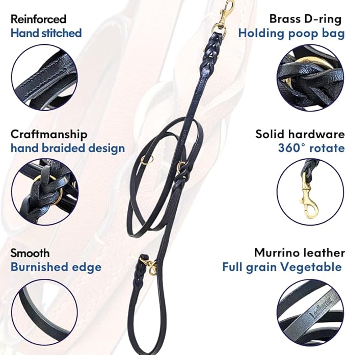 8 FT Multi-Function Leather Dog Leash, Genuine Leather Hands-Free Training Lead for Small Medium Large Dogs, Adjustable Long Leash for Walking, Hiking, Obedience Control (Black, 8 Ft)