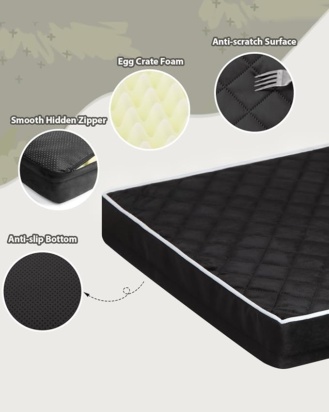 Orthopedic Dog Beds Large Sized Dog Waterproof Pet Kennel Pad with Removable Washable Cover and Non-Slip Bottom, 35x23 Inch, Black