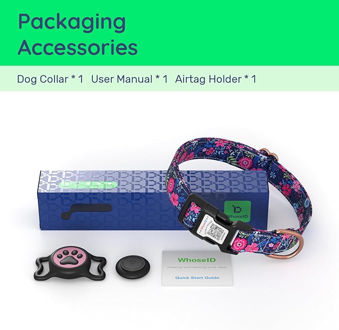 WhoseID Airtag Dog Collar,with Waterproof airtag Holder，Original Stylish Cute Pattern Design.QR Code ID Buckle，Comfortable Soft Cotton for Small Medium Large Dogs