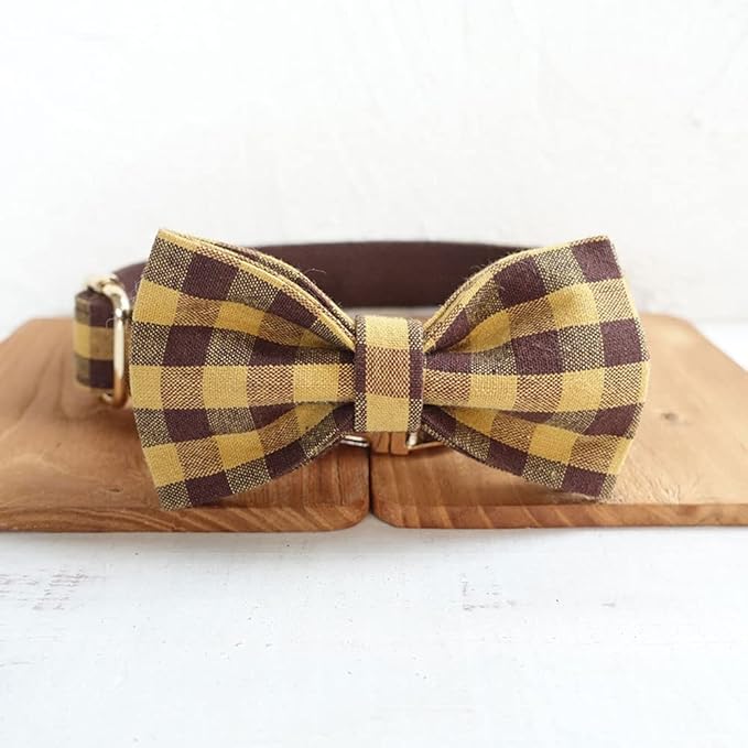 PETDURO Personalized Checkered Plaid Dog Collar Brown Yellow - Engraved Name and Phone Number on Gold Metal Buckle - Custom for Small Medium Large Boy Girl Dogs - Add Leash Bow Tie via Customize Now