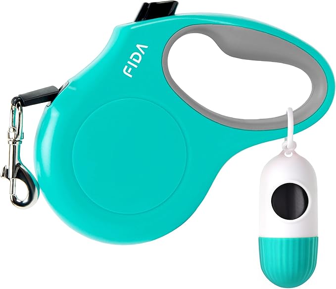 Fida Retractable Dog Leash with Dispenser and Poop Bags, 10 ft Pet Walking Leash for X-Small Dog or Cat up to 18 lbs, Anti-Slip Handle, Tangle Free, Reflective Nylon Tape (XS, Teel)