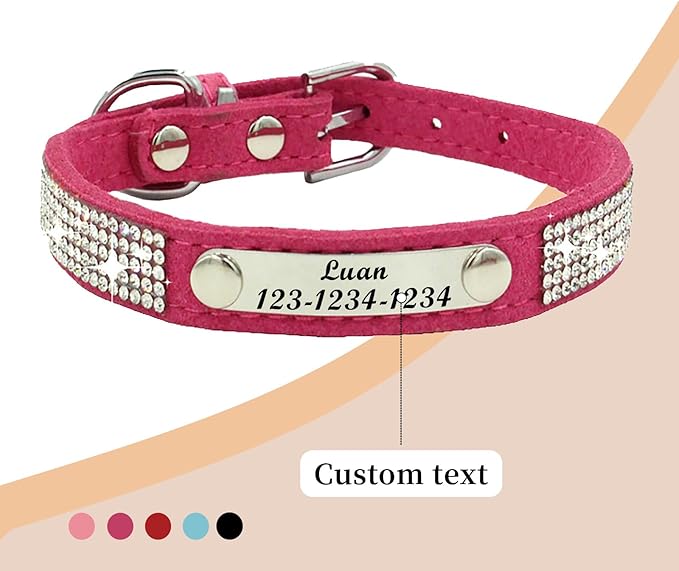 Personalized Dog Collar with Rhinestone Name Tag - Glitter Polyester Collar Adjustable [Rose Red，M]