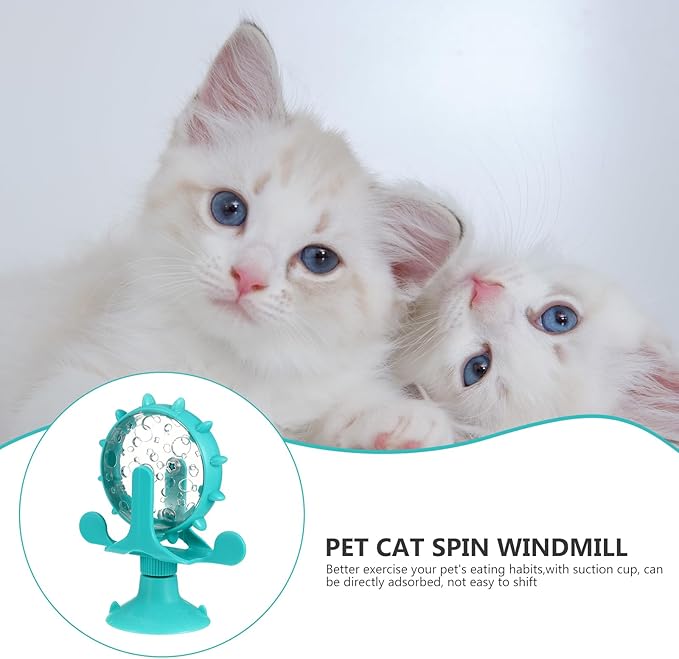 Windmill Cat Treat Dispenser Toy : 360 Degree Rotating Cat Treat Feeder with Suction Cup for Puppies Kitten, 5.11X1.57X6.68in (Blue)