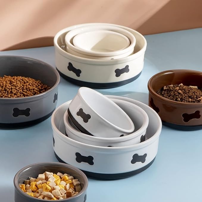 Sweejar Ceramic Dog Bowls with Bone Pattern, Dog Food Dish for Small Dogs, Porcelain Pet Bowl for Water 16 Fl Oz (Beige)