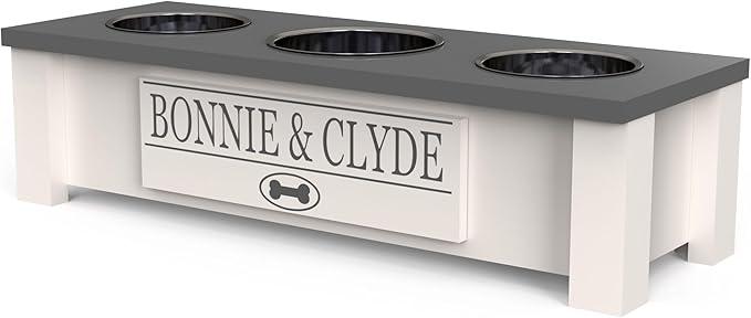 GTW Personalized Elevated Triple Dog Bowl Stand for Large, Medium, Small, X-Small Dogs - 3 Stainless Steel Food and Water Bowls - Raised Dog Dish with Internal Storage (Small, Grey)
