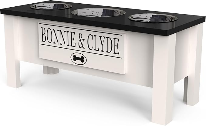 GTW Personalized Elevated Triple Dog Bowl Stand for Large, Medium, Small, X-Small Dogs - 3 Stainless Steel Food and Water Bowls - Raised Dog Dish with Internal Storage (Large, Black)