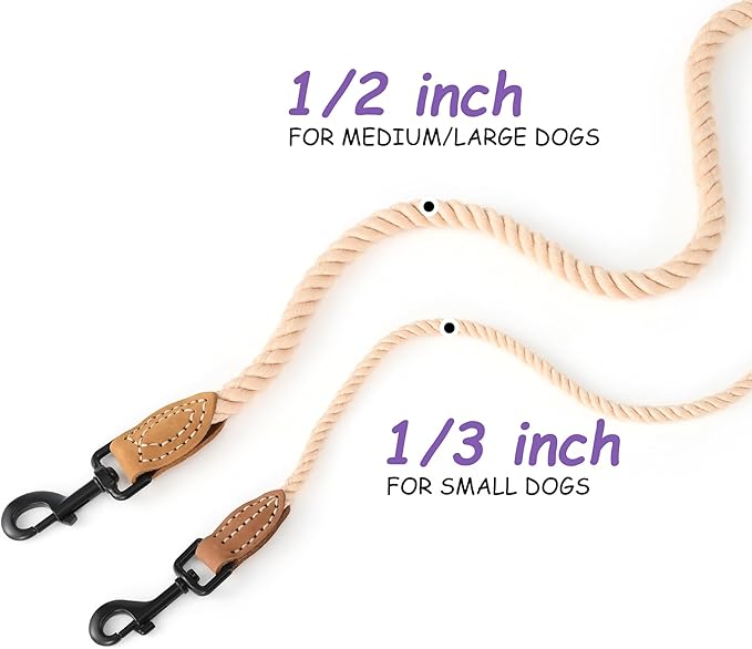 Mile High Life Dog Leash, Braided Cotton Rope Leashes with Leather Tip - Heavy Duty Metal Clasp, 4FT, 1/3" Thick - Wedding, Walking Leash for Small Medium Dogs(Light Brown)