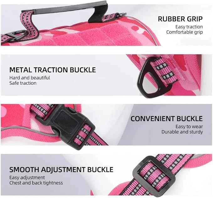 Tactical Dog Harness with Leash for Large Dogs, No Pull Adjustable Dog Harness, Reflective K9 Working Pet Vest for Walking, Training (Fuchsia Camo, L)