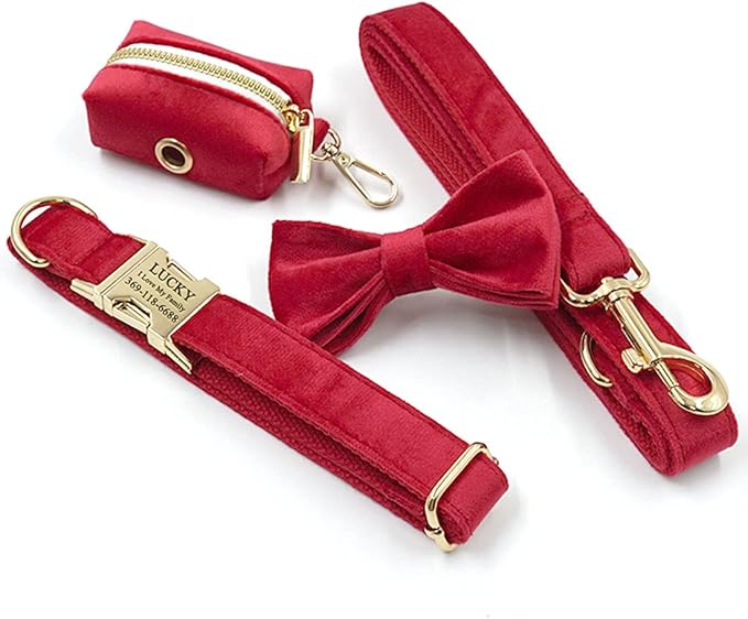 PETDURO Custom Dog Collar Personalized with Name Engraved Quick Release Rose Gold Metal Buckle for Large Medium Small Girl Dogs - Dog Leash and Bow Tie Available - Soft Comfy Velvet (Red, S)