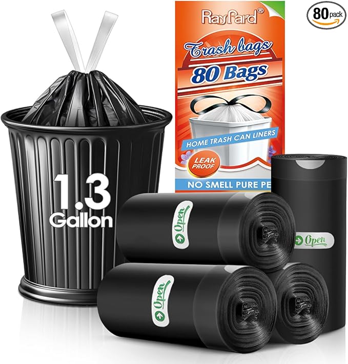 1.3 Gallon 80 Counts Strong Drawstring Trash Bags Garbage Bags by RayPard, 1, 1.2, 1.3 Gal Small Plastic Bags, Trash Can Liners for Home Office Kitchen Bathroom Bedroom, Waste Basket Liners (Black)