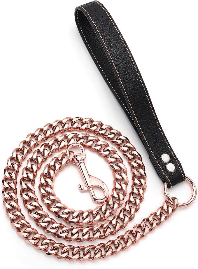 Rose Gold Dog Leash 15mm Cuban Link Chain Dog Leash Durable Stainless Steel Metal with Leather Handle for Small Medium Large Dogs 3FT/4FT/5FT(15mm,4ft)…