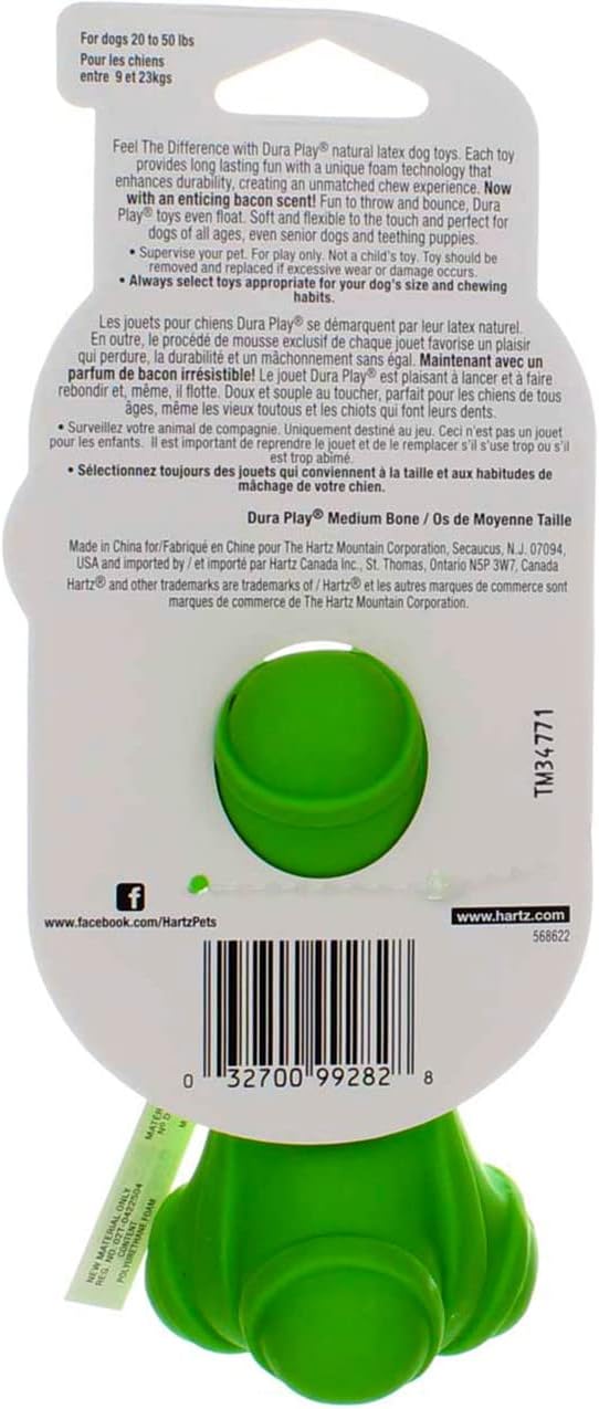 Hartz DuraPlay Dog Toy Bone, Medium, Assorted Colors, Bacon Scented (2 Pack) (Bundle)