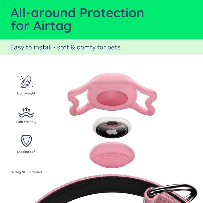 Airtag Dog Collar, Reflective Ultra-Durable Nylon Padded with QR Code Buckle & IP68 Waterproof Air Tag Holder Compatible for Apple AirTag, Comfortable for Small Medium Large Dogs(Pink,M)