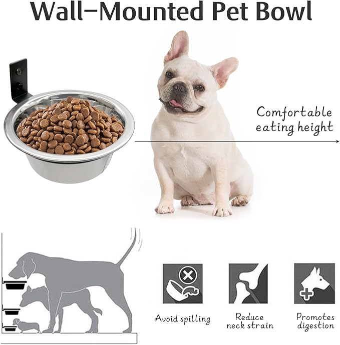 Hamiledyi 4 Pack Wall Mounted Elevated Dog Bowls - Adjustable Height Stainless Steel Raised Food & Water Bowls with Collapsible Stand for Medium & Large Dogs & Cats (M)