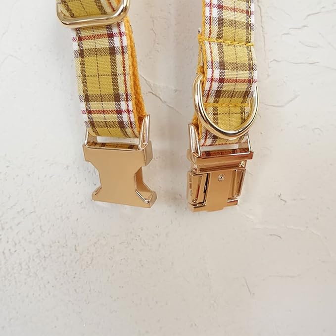 PETDURO Personalized Plaid Dog Collar Lemon Yellow - Engraved Name and Phone Number on Gold Metal Buckle - Custom for Small Medium Large Boy Girl Dogs - Add Leash Bow Tie via Customize Now