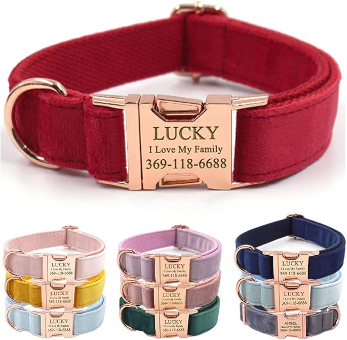 PETDURO Custom Dog Collar Personalized with Name Engraved Rose Gold Metal Buckle for Large Medium Small Girl Dogs - Dog Leash and Bow Tie Available - Soft Comfy Velvet (Christmas Red RG, L)