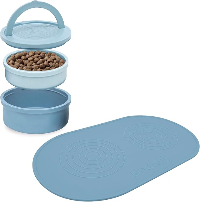 KindTail Pet Bowl Set + Silicone Pet Food Mat - Includes 2 Portable Dog Bowls with Lid & Handle + 1 Waterproof Pet Feeding Mat - Made from Food-Grade, Dishwasher-Safe Materials - BPA & Toxin-Free