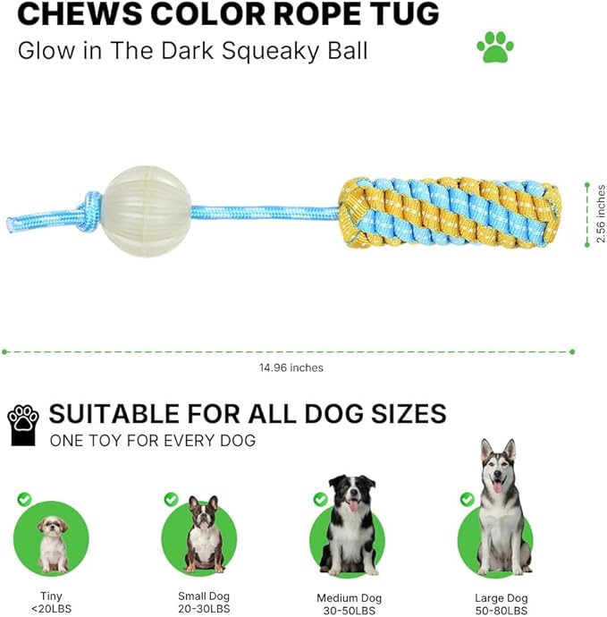 Tug of War Rope Dog Toy - Glow in The Dark Dog Chew Toy with Glowing Squeaky Ball, Pet Interactive Pull Fetch Toys, Teeth Cleaning Chew Toys
