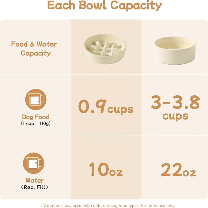 Ceramic 0.9 Cup Raised Slow Feeder Dog Bowl Set, Elevated 6.1inch Slow Dish and 6.1inch Water Bowl with Wooden Stand for Small Dogs (2 x Beige+ Stand)