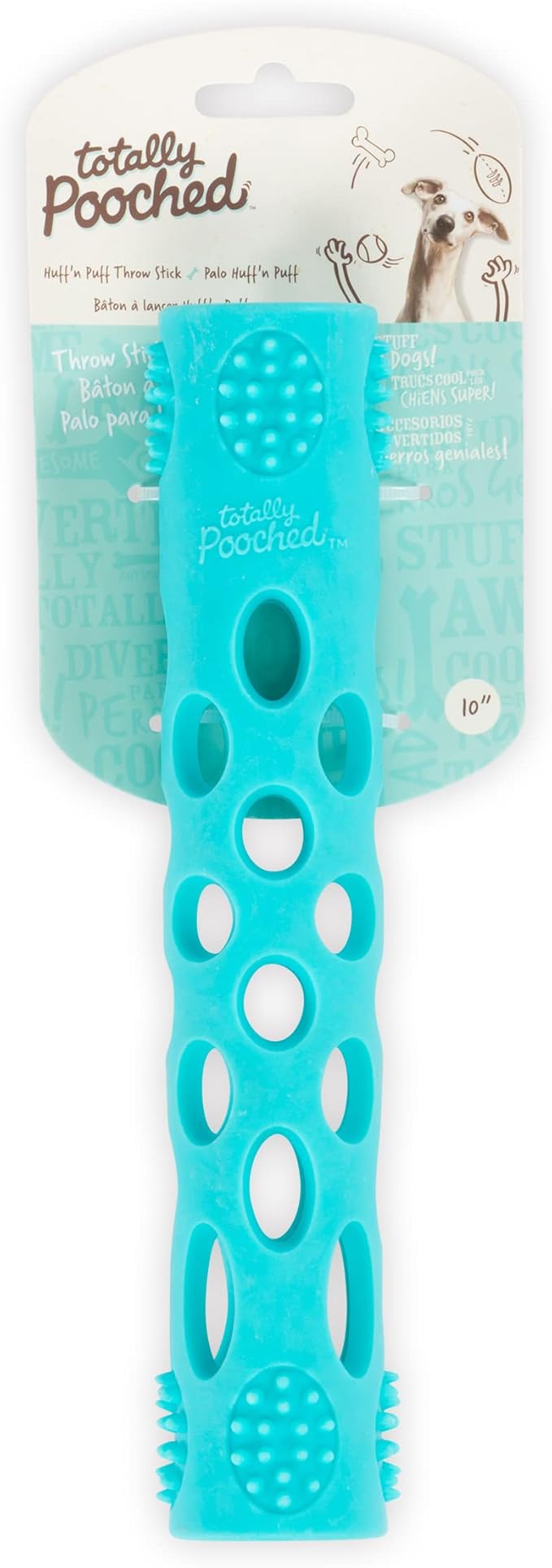 Messy Mutts Totally Pooched Huff'n Puff Stick | 10” x 2” TPR Puzzle Stick for Dogs | 2-in-1 Interactive Toy and Tooth Cleaner | Teal
