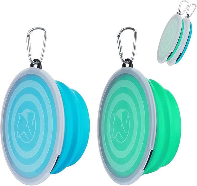 SLSON Dog Bowls Pet Collapsible Bowl with Cover Lids, 2 Pack, Light Blue and Green, Large
